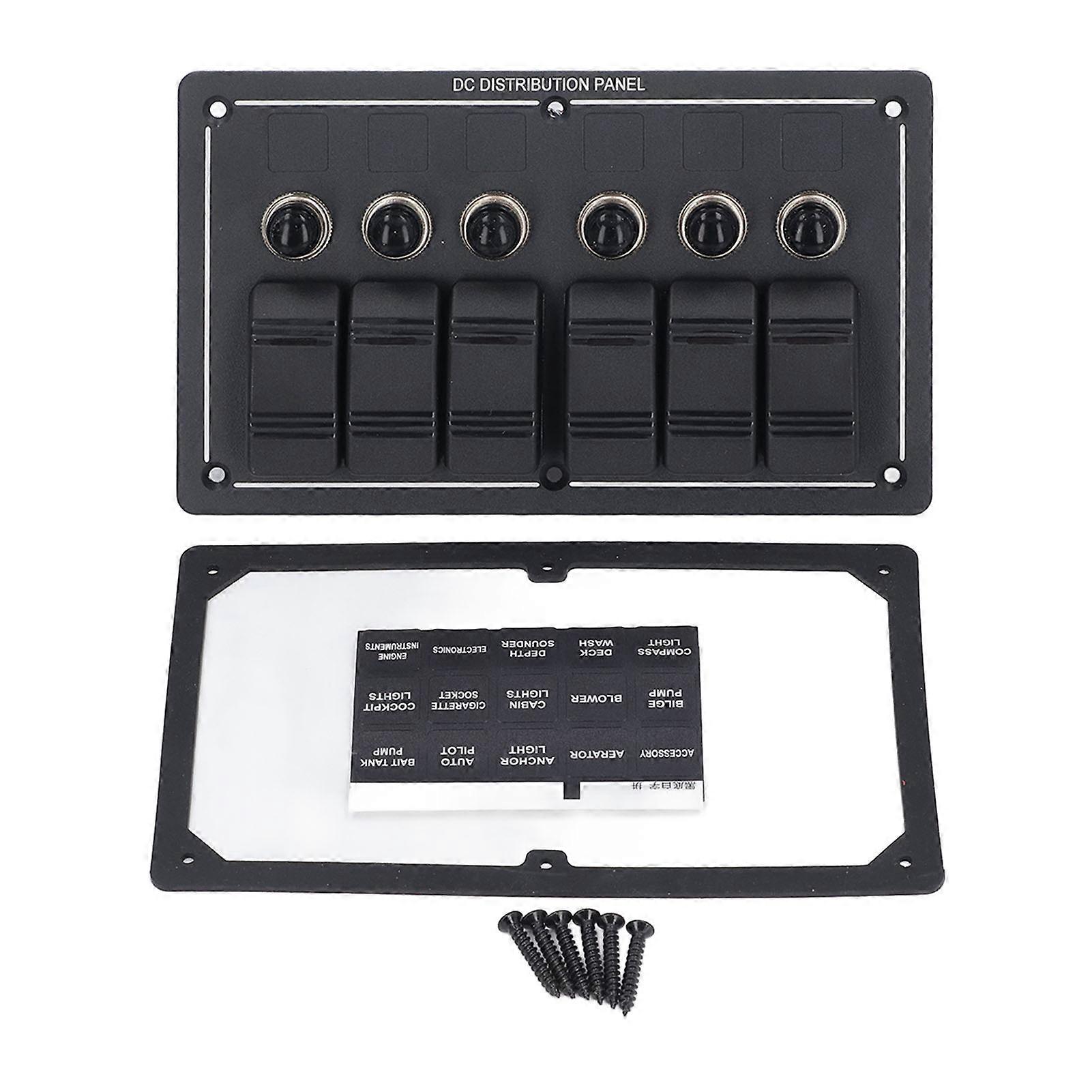 Rocker Switch Panel 12V 6 Gang LED DC Power Distribution Overload Protector 3x5A 2x10A 1x15A for Boat Marine Caravan
