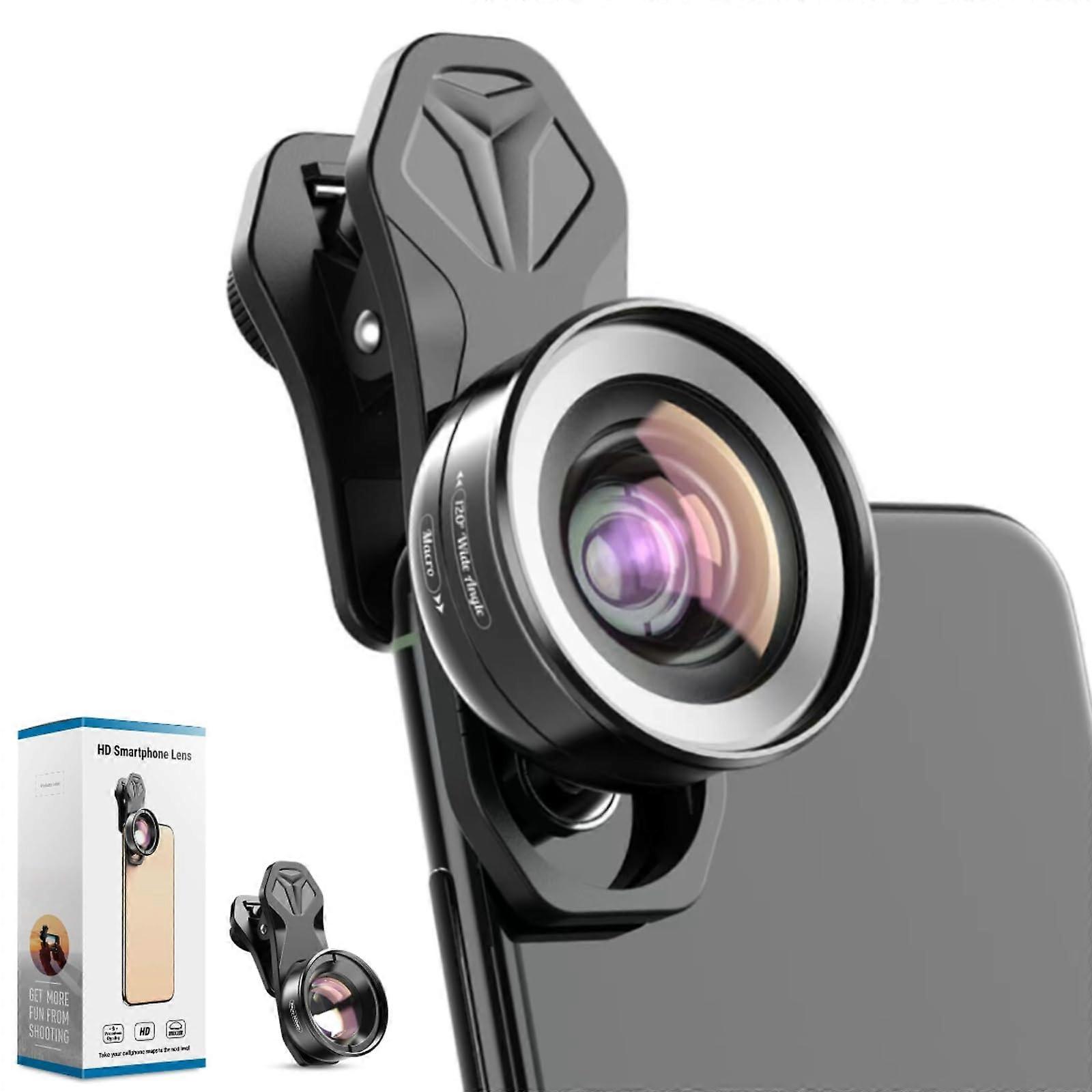 2in1 Universal Mobile Phone Camera Lens, Mobile Phone Lens Set, 10X Macro Lens, 120° Wide Angle, Macro Lens for Most Smartphones Black10X