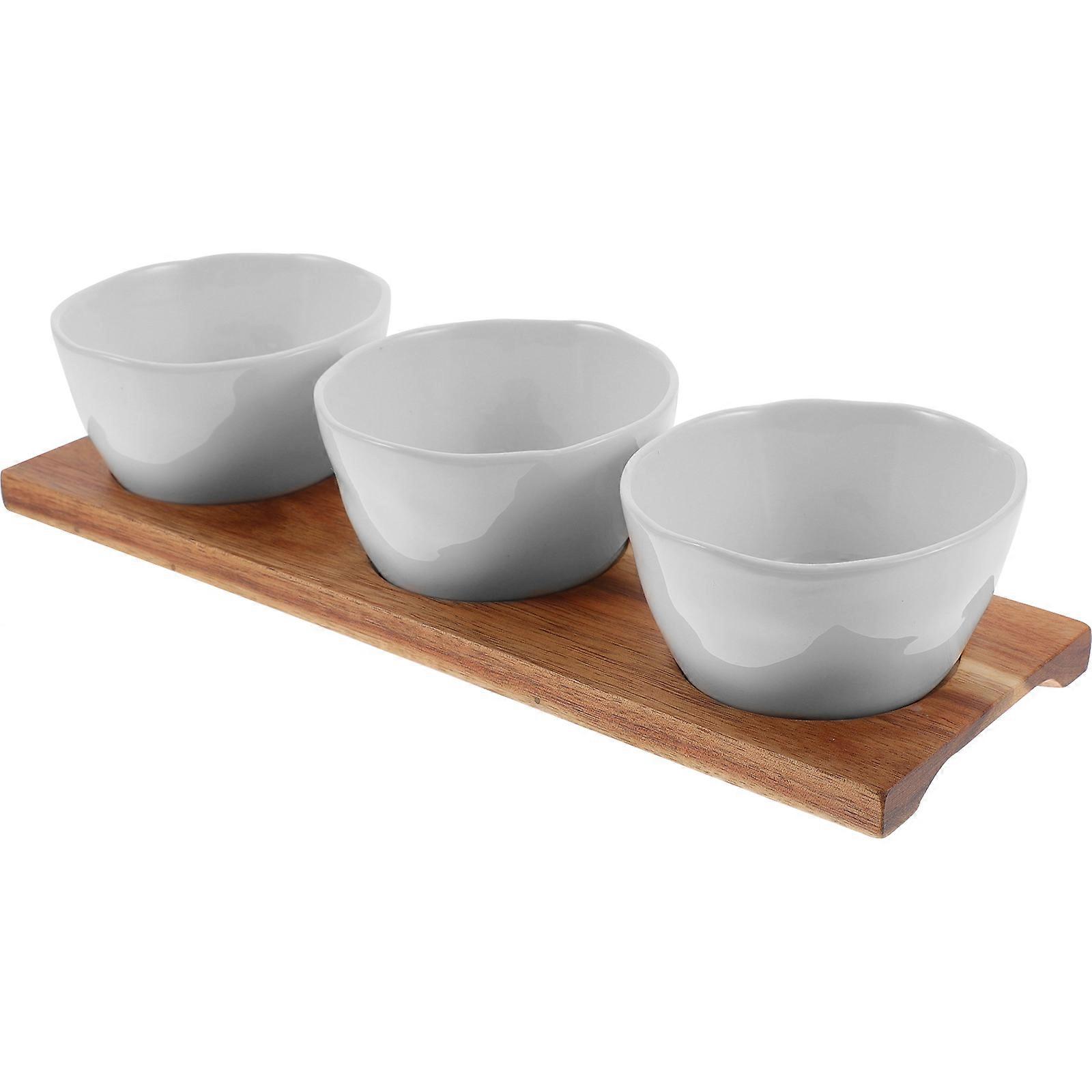 طبق خفيفات سيراميك مع صينية خشبية للاستخدام المنزلي صينية طعام صغيرة بيضاء اللون 7.87 × 7.87 بوصة