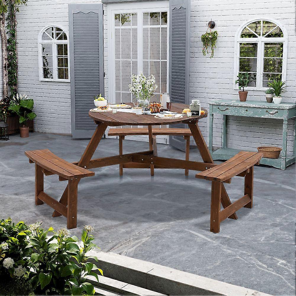 Round Wood Picnic Table and Bench Set - 6 Seater