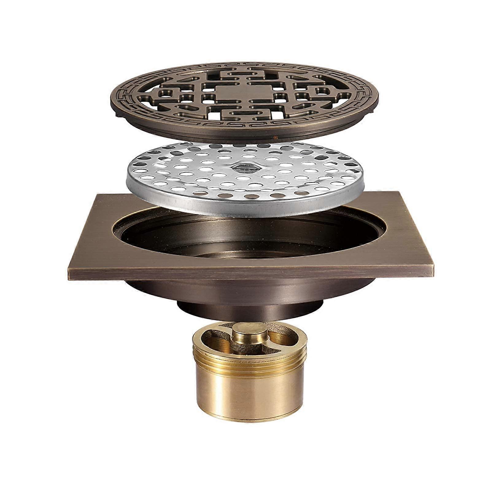 Brass Floor Drain 4 Inch Square Shower Drain with Removable Cover, Bronze Bathroom Drain with Brass Deodorant Core