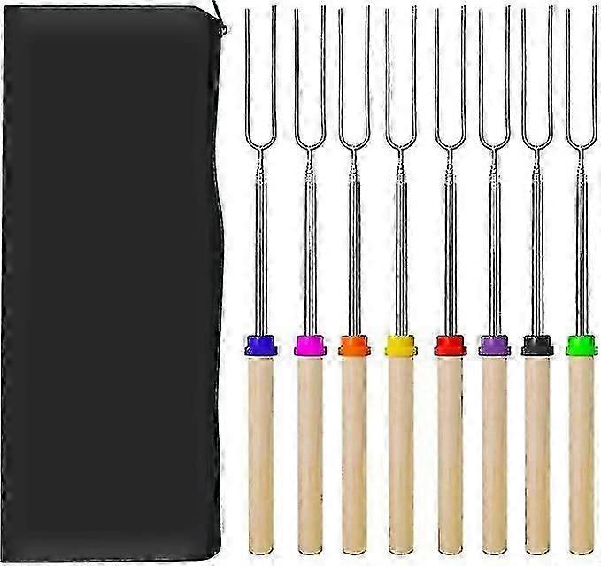 8 Pcs Barbecue Forks Marshmallow Roasting Sticks Extendable Stainless Steel U Shape Hot Dog Fork with Wooden Handle, Random Color