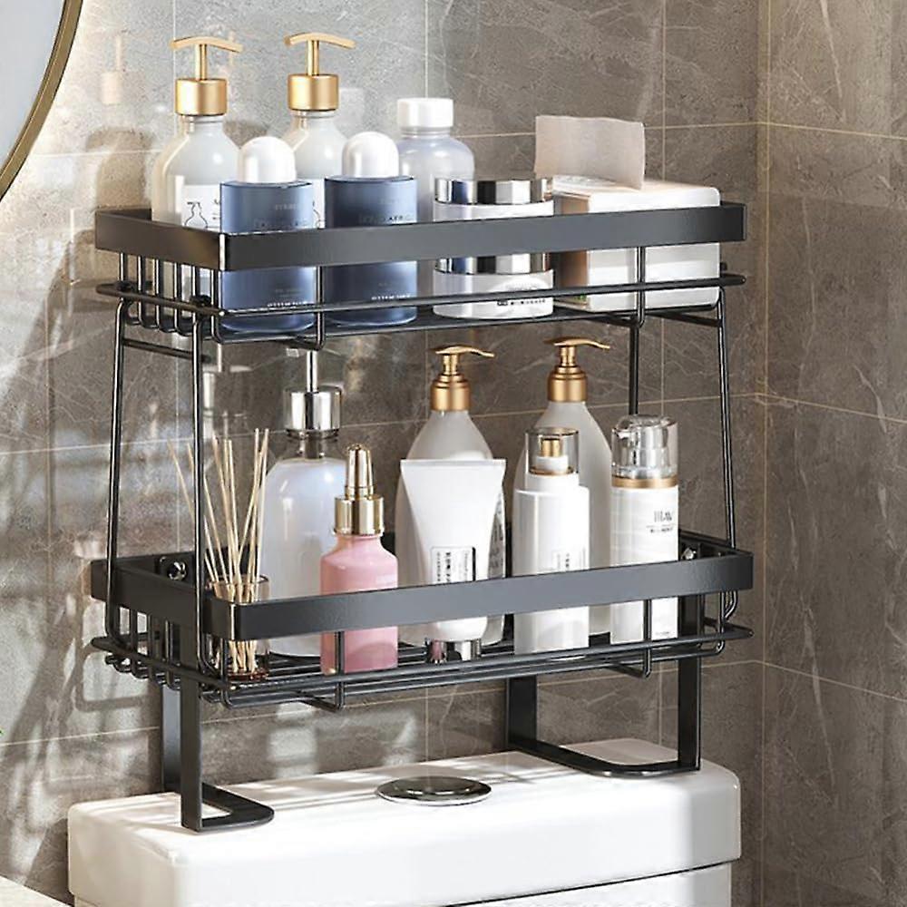 Over The Toilet Storage Shelf, Bathroom Organizer, Punch Back Of Toilet Rack Space Saver Double Layer Black