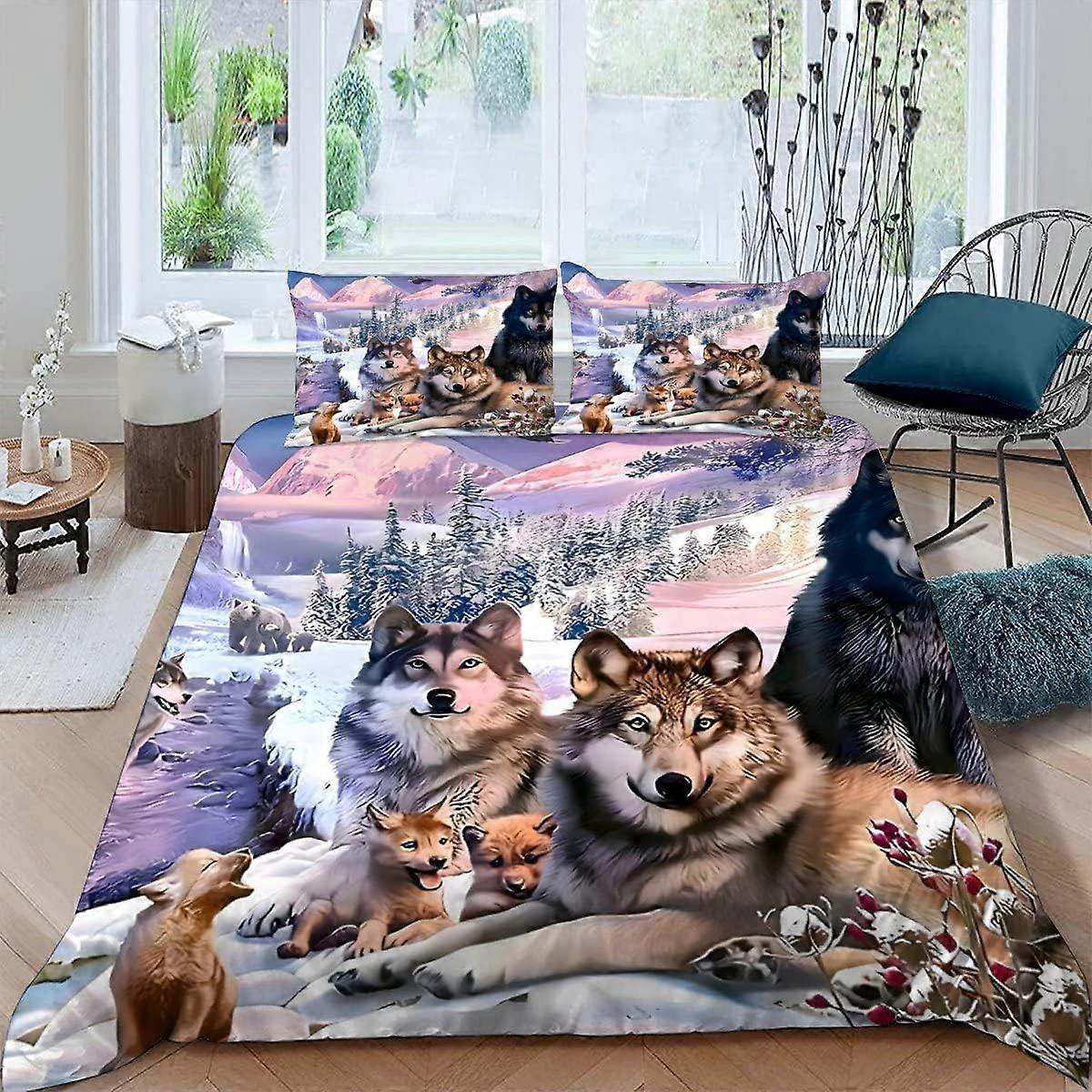 King Bedding Set Wolf 3D Printed Soft Microfiber Breathable King Size Duvet Cover Set With 2 Pillow Cases 230x220 cm