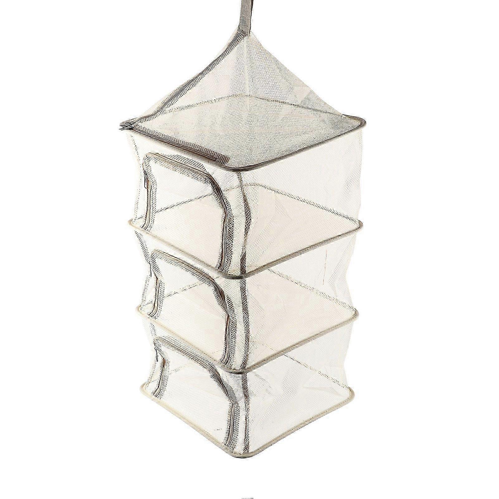 Hanging Drying Net Foldable 4 Layer Portable Multifunction Mesh Drying Rack for Fish Vegetable Tableware Fruit Beige