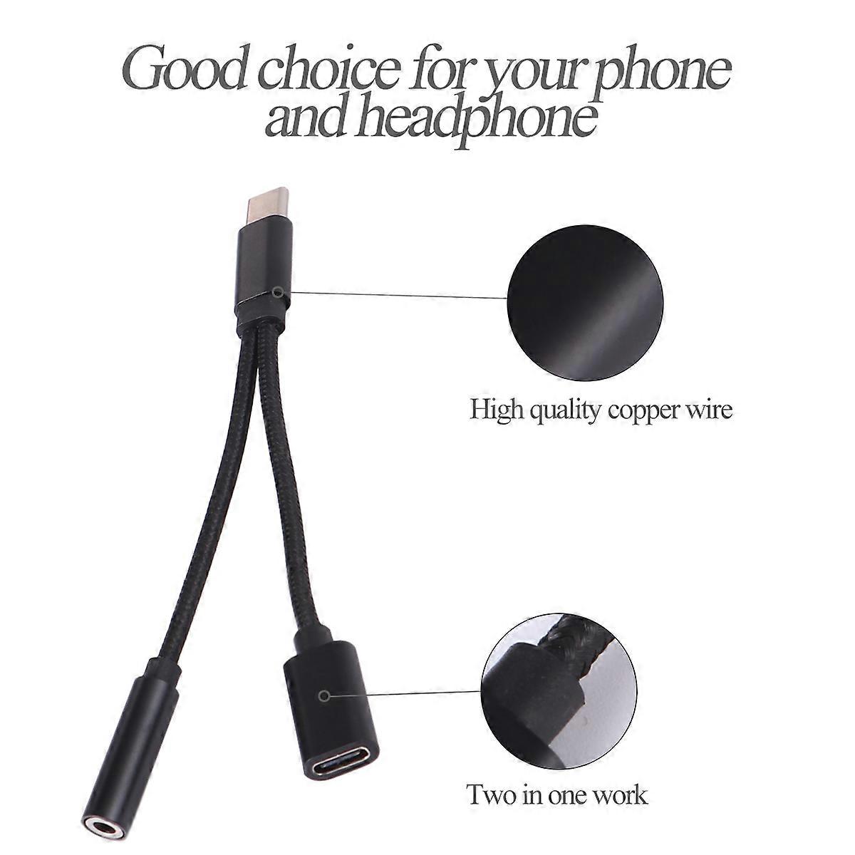 Type-C Earphone Adapter 2 in 1 Adapter Converter for Mobile Phone and Headphone Made of Black Durable Material 1Pack