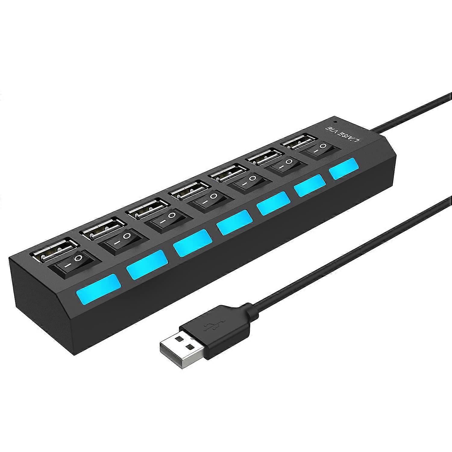 Multi Port USB Splitter 7In1 USB 2.0 Hub With Speed Individual On/Off Switches And LEDs Black