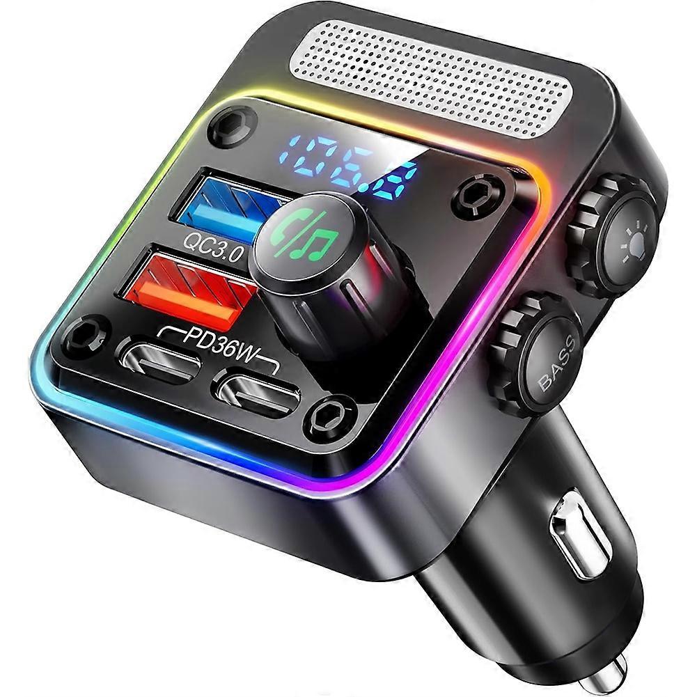 54W Bluetooth 5.3 Car Adapter with 4 Charging Ports,Wireless Radio FM Transmitter with Bass Playe,Hands-Free Calling