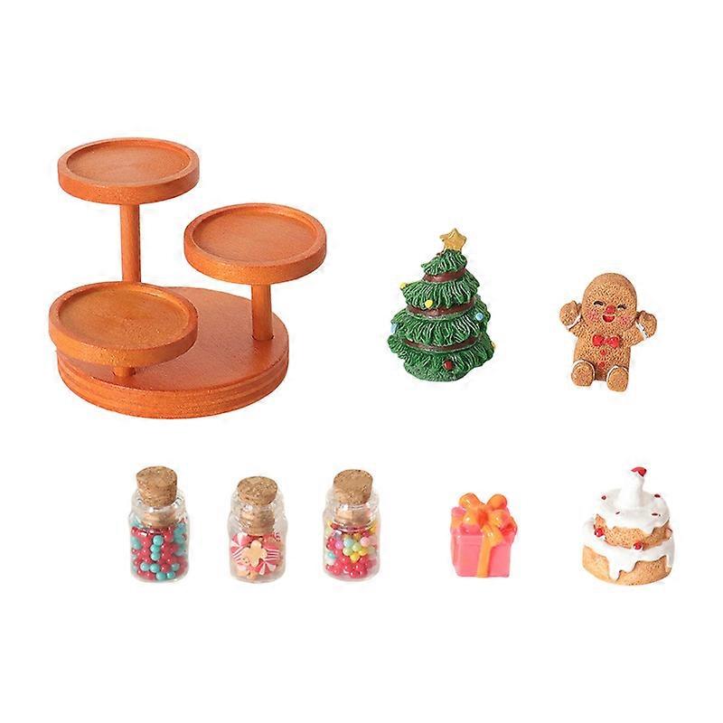 Christmas Theme Miniature Bakery Set With Layered Stand Cream Cake Decors And Candy Jars Doll House Scene Setting Multicolor