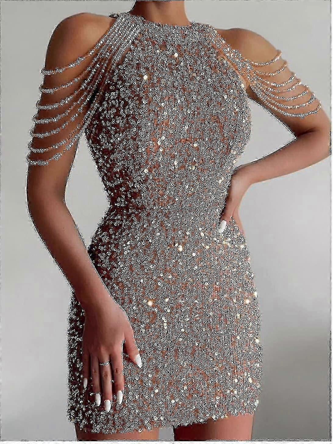 فستان قصير من الكتف من الذهب الترتر للنساء مساء Bodycon
