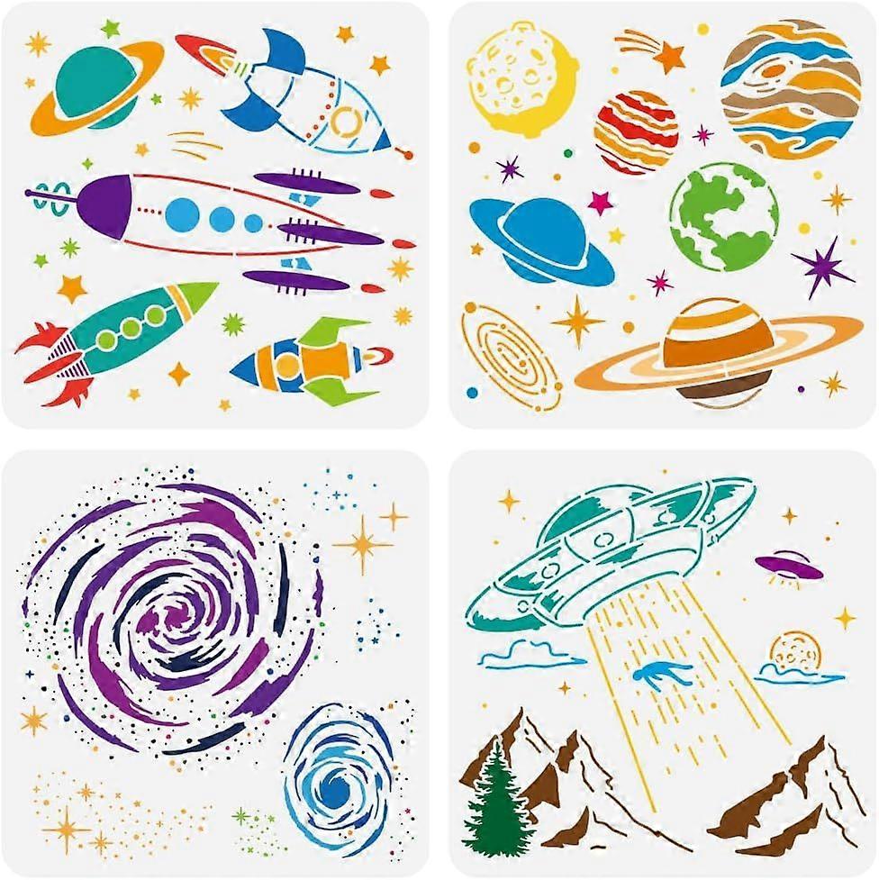 4 Pcs Rocket Painting Stencil 11.8x11.8inch Reusable Outer Space Planet Pattern Drawing Template DIY Galaxy Black Hole UFO Decoration Stencil for Pain