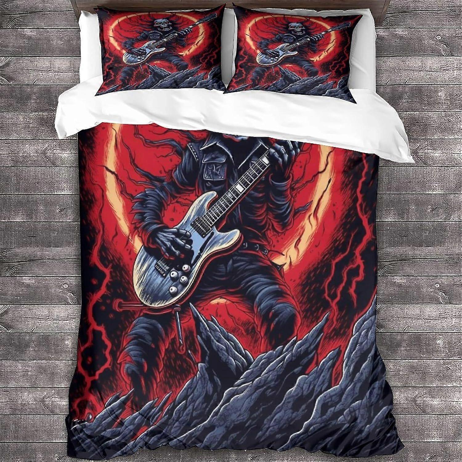 Conjunto de cama infantil e adulto com estampa 3D de rock 'n' roll, capa de edredom com estampa de guitarra heavy metal e fronhas, capa de microfibra com estampa de caveira e fechamento em zíper.