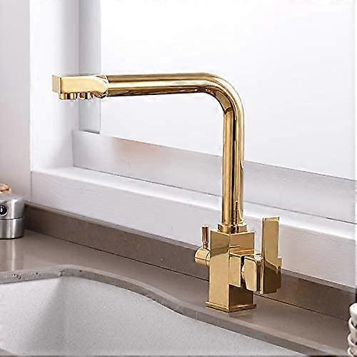 Kitchen Faucet with Water Filter 360° Swivel Dual Handle Deck Mount Golden 3 Way Retro Style