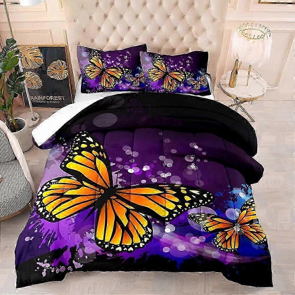 3D Purple Butterfly Comforter Full, Decorative Boho Beautiful Yellow Butterflies Print 3 Piece Super Soft Lightweight Comforter and 2 Pillow Cases