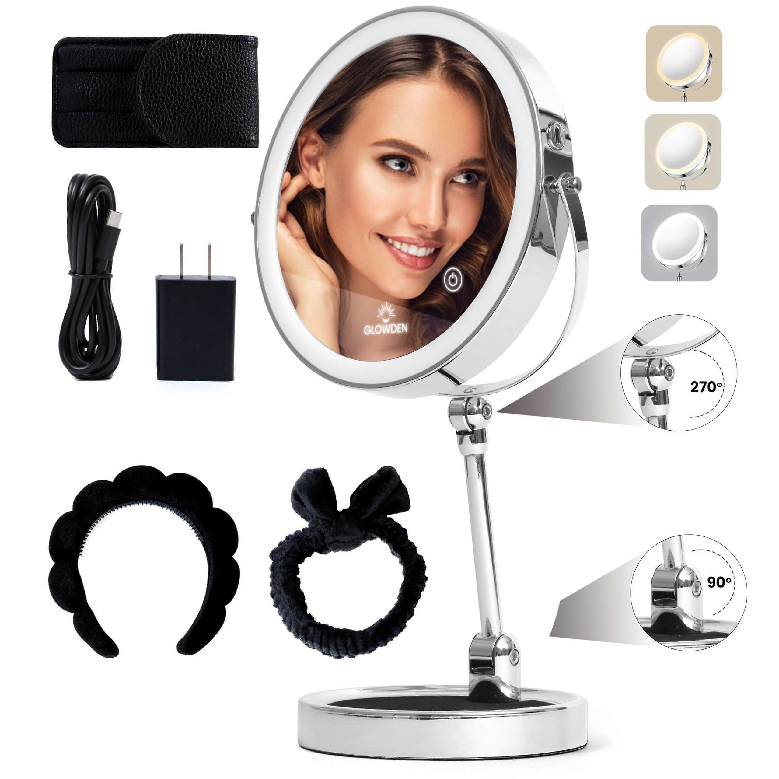 LED Vanity Mirror with 10X Magnification, Rechargeable 3 Light Modes, Height Adjustable 360° Swivel Chrome