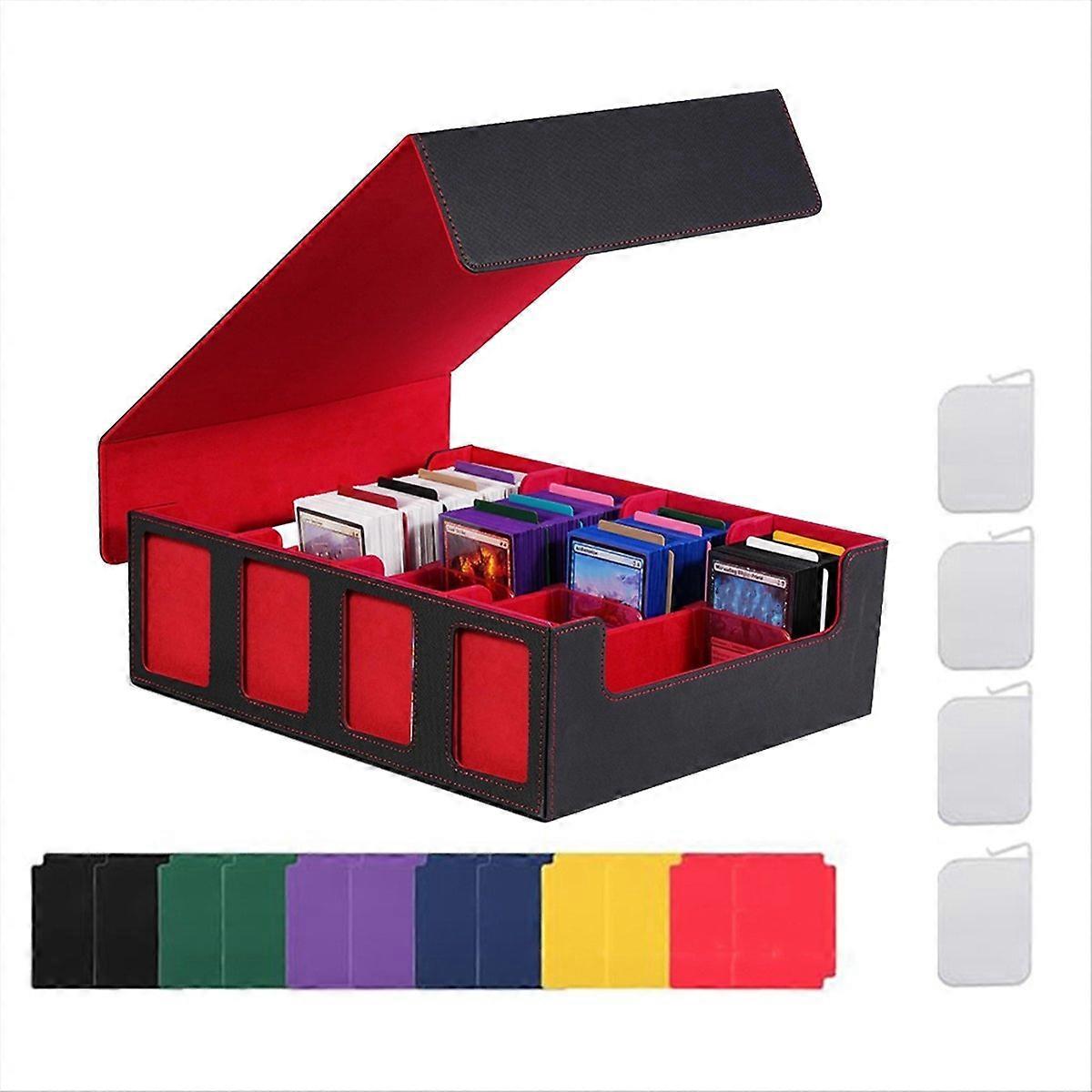 Trading Card Storage Box with Window, 4-Row Deck Case with Removable Lid,Card Deck Box for Game Sports Card Black&Red