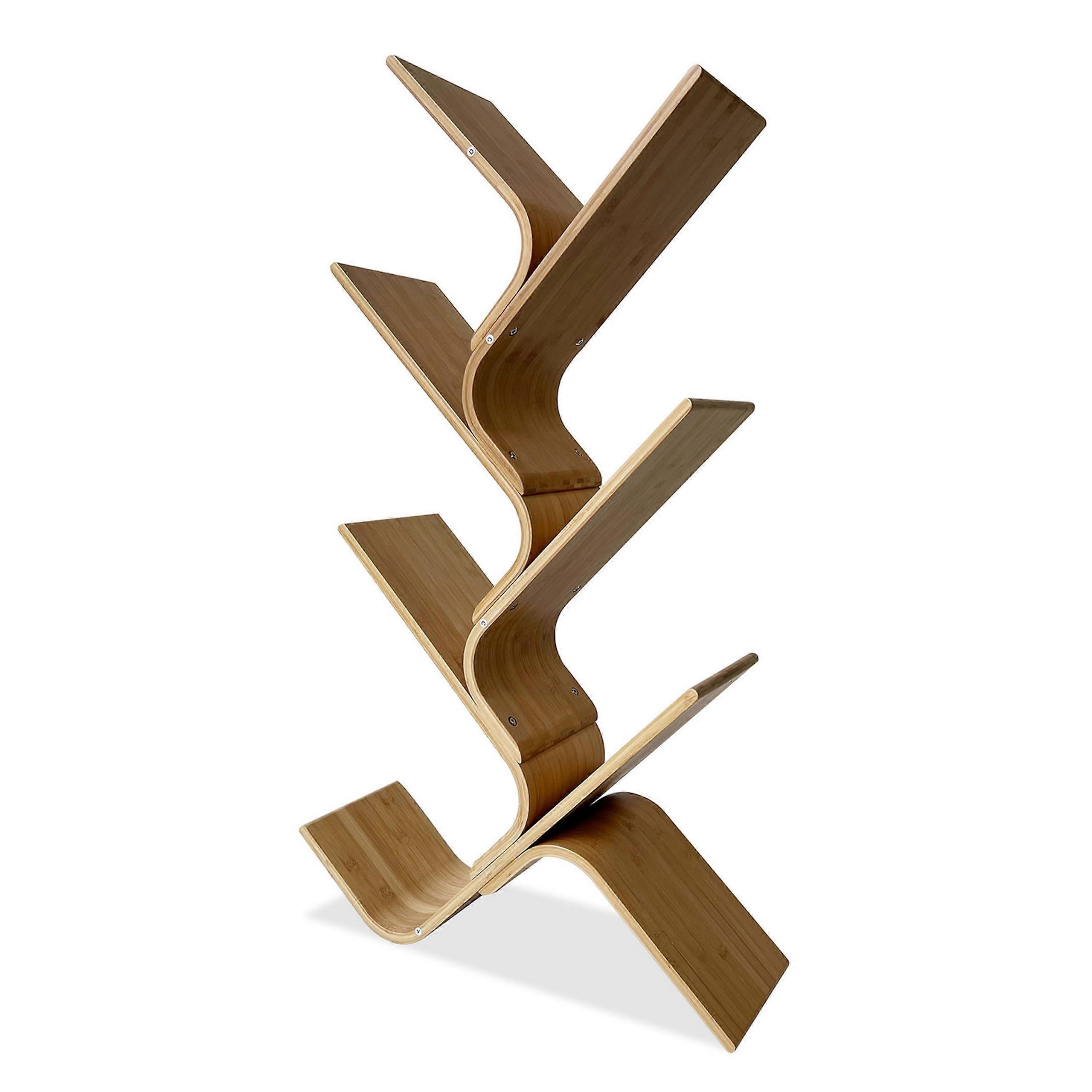 Bamboo Bookshelf with Distinctive Diagonal Shelves, 43 Inch Natural Brown Accent Display Unit