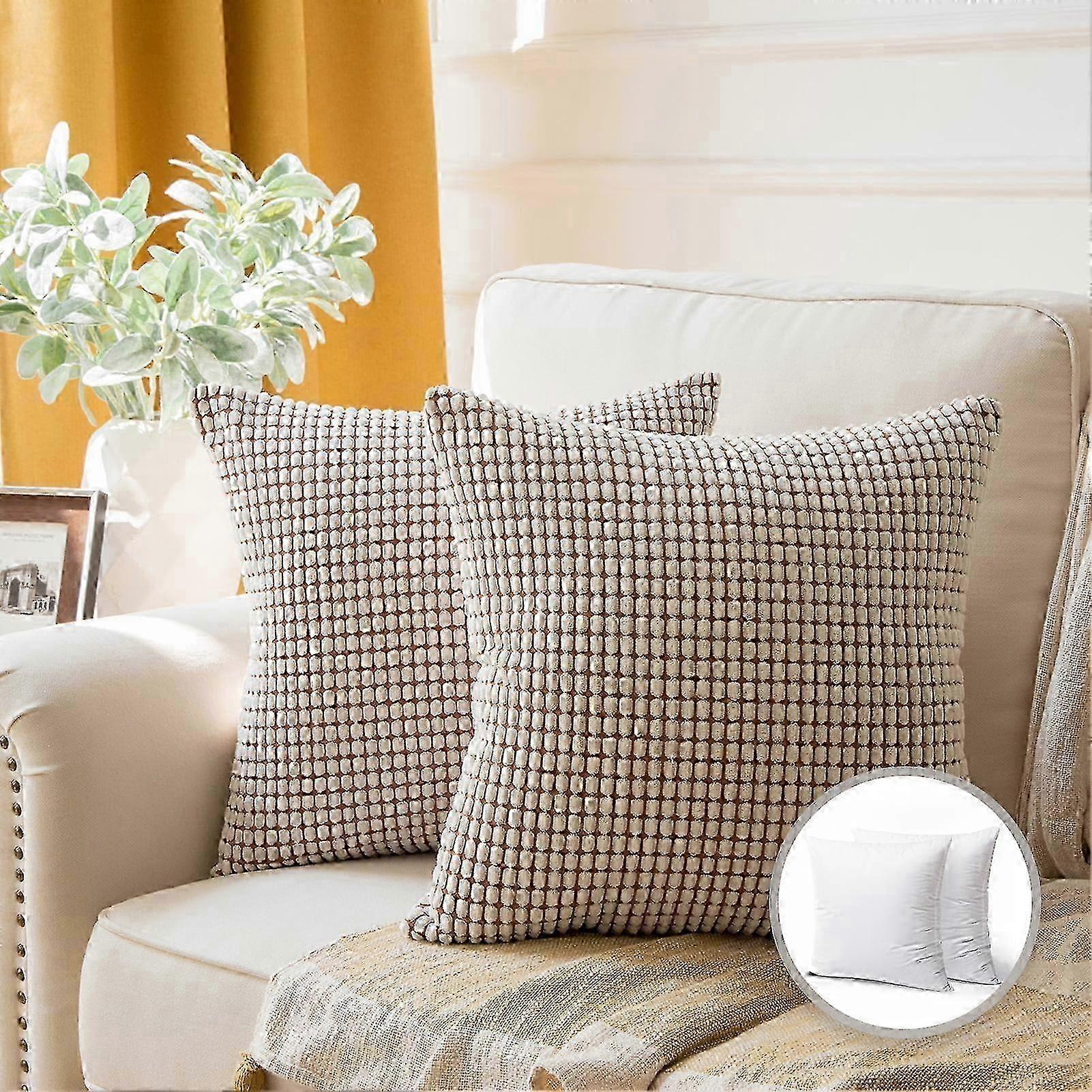 Phantoscope 20" x 20" Transitional, Cozy, Concise Beige Polyester Blend Throw Pillow, (2 Count)