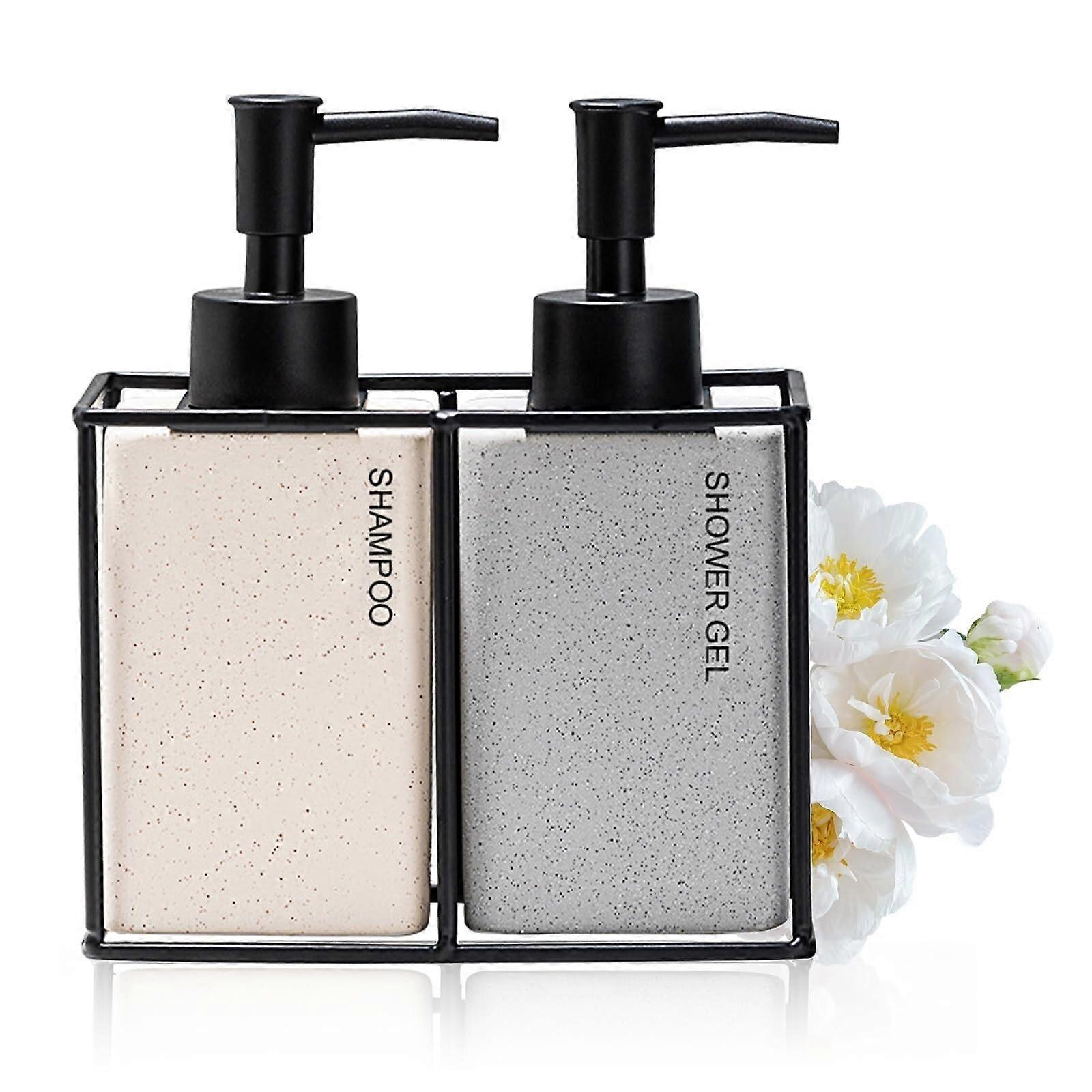 Bathroom Accessories Set 2Pack Ceramic Soap Dispenser with Pump and SpaceSaving Iron Shelf