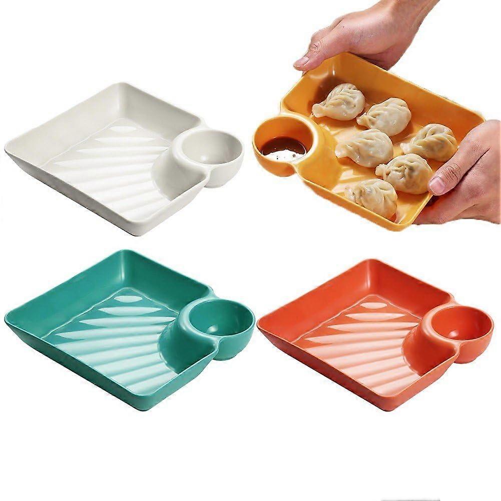 4pcs Plastic Dumpling Serving Plate with Sauce Compartment, MultiFunctional Party Serving Tray