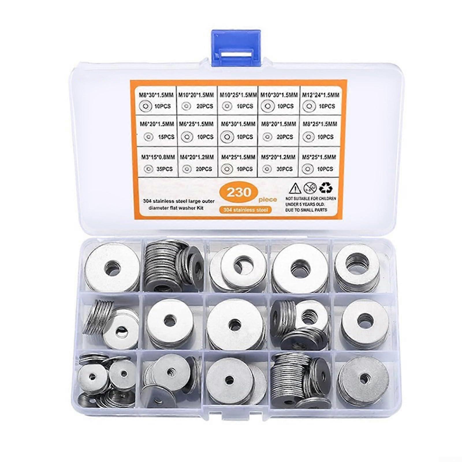 304 Stainless Steel Flat Washer Assortment Kit 230pcs RustResistant 15 Sizes with Storage Case