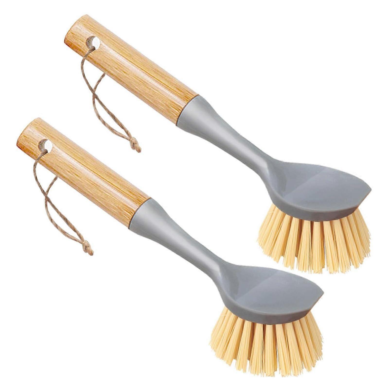 2 Pack Kitchen Dish Brush with Ergonomic Bamboo Handle and Scraper for Pots and Pans Cleaning