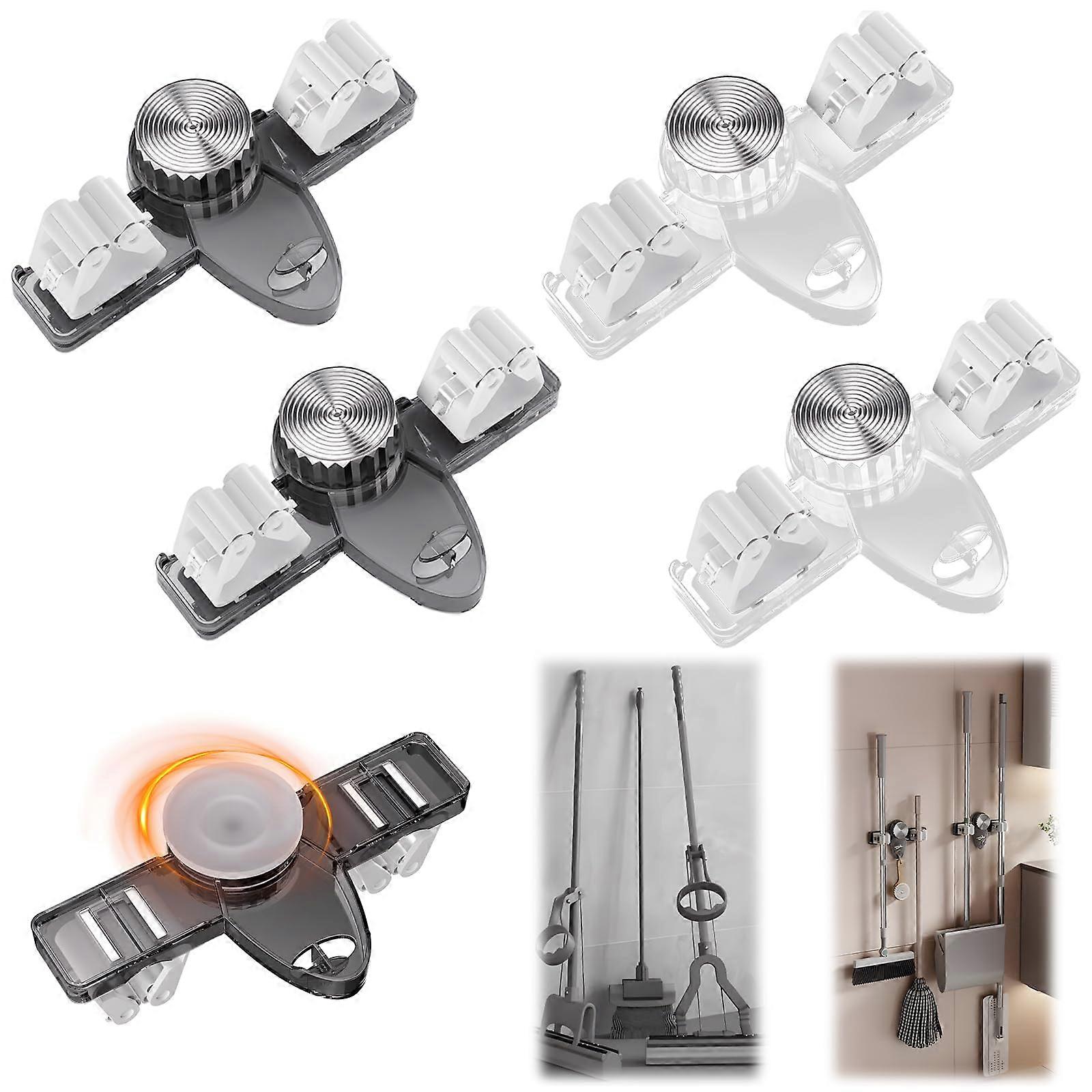 Broom Holder Mop Organizer, NoDrill Wall Mounted Cleaning Rack with Hooks, 4 Pack Space Saving