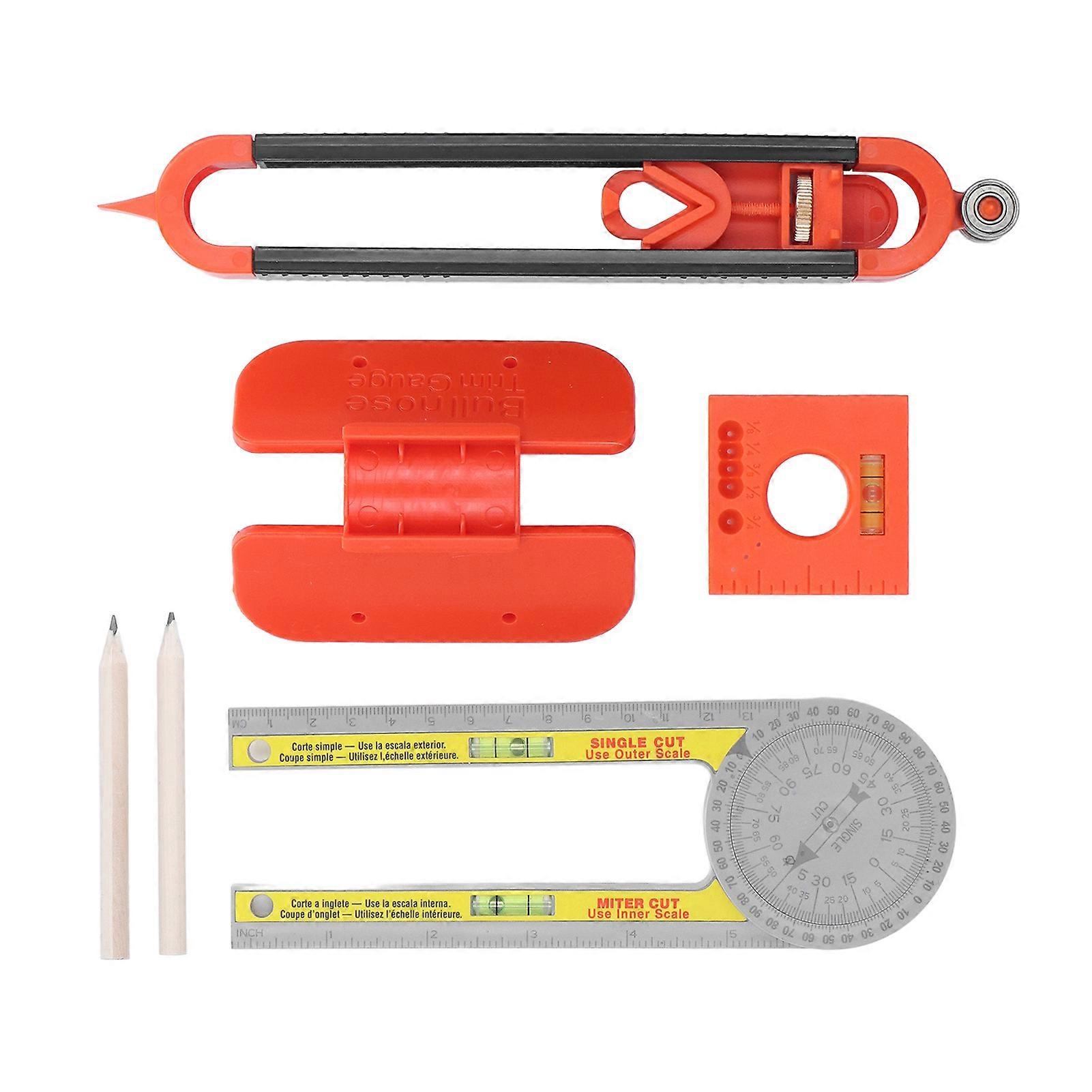 6Pcs Scribing Tool Protractor Angle Scriber Measuring Ruler Pencil Set Kit with Bubble Level