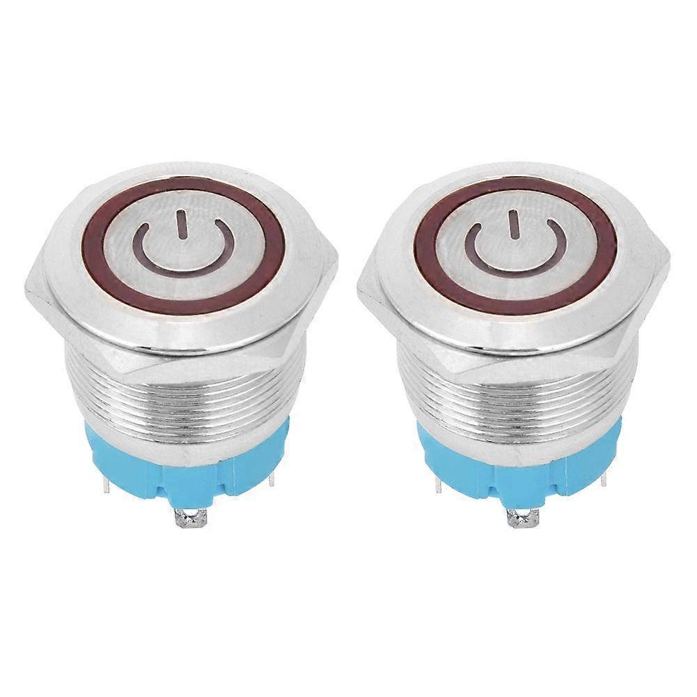 2 Pcs Button Switch Flat Head Self Reset IP65 220VAC 22mm 4 Pin Switch with Light(Red )