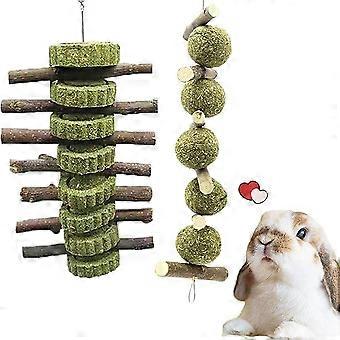 Dww-(Set van 2 grascakes en grasballen) Gerstoren Natuurlijke bal en kauwstok met gras en rozen voor konijn, hamster, papegaai, chinchilla, cavia