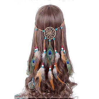 Faixa de Cabeça Hippie com Capa de Sonho - Heytea Boho Feather Headwear Feather Headpiece Faixa de Cabelo de Festival de Penas de Pavão Hippie (Marrom)