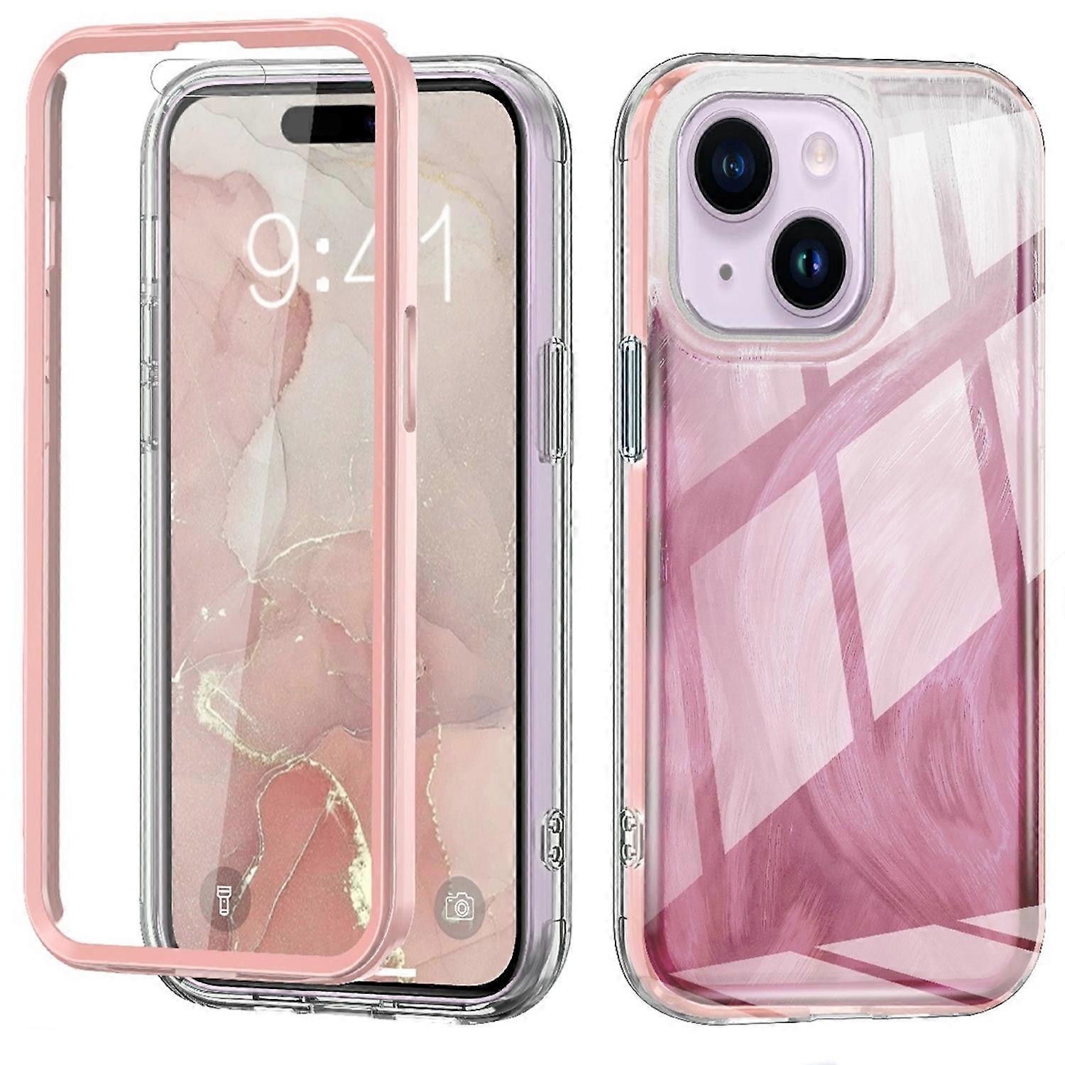 适用于苹果 iPhone 15 的羽毛设计边框混合 TPU PC 保护壳 粉色
