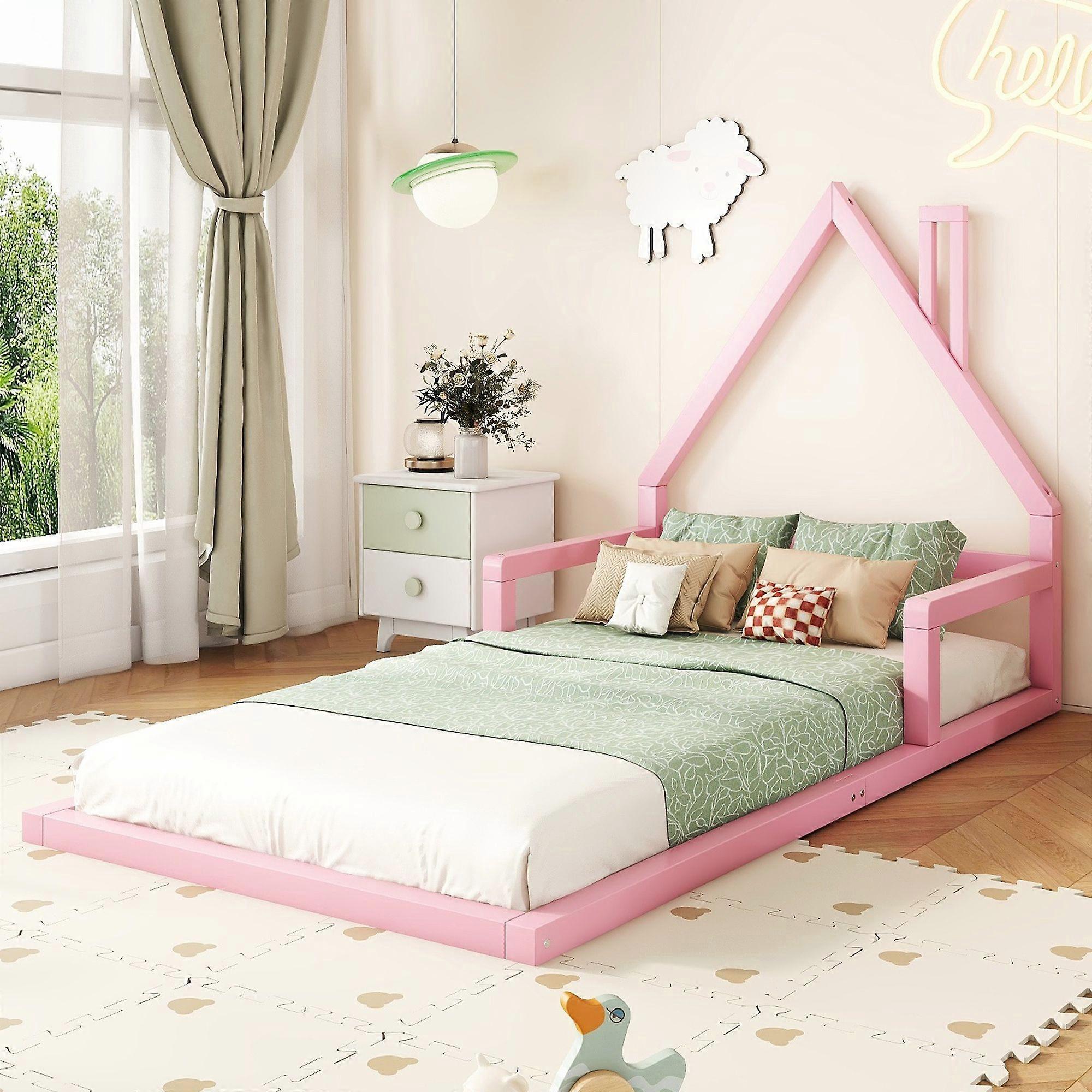 90*200cm children's bed, flatbed, house shape, solid pine, simple design, pink