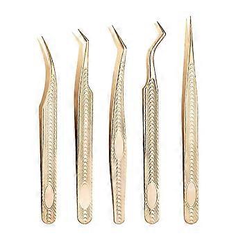 5Pcs Eyelash Extension Tweezers Stainless Steel Precision Tweezers Straight Carved Fiber Tip Lash Tweezers Professional Beginner Women Eye Makeup Tool
