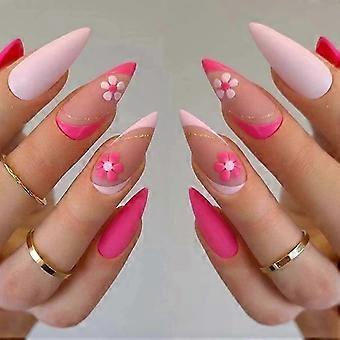 Press On Nails Almond Pink Stiletto Short Medium Full Cover Acrylic Flower Rhinestone 24 Pieces