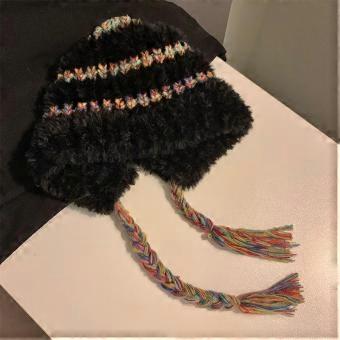 Hairy striped knitted plush hat women's autumn and winter warm versatile hat big head circumference shows face small ear hat tide