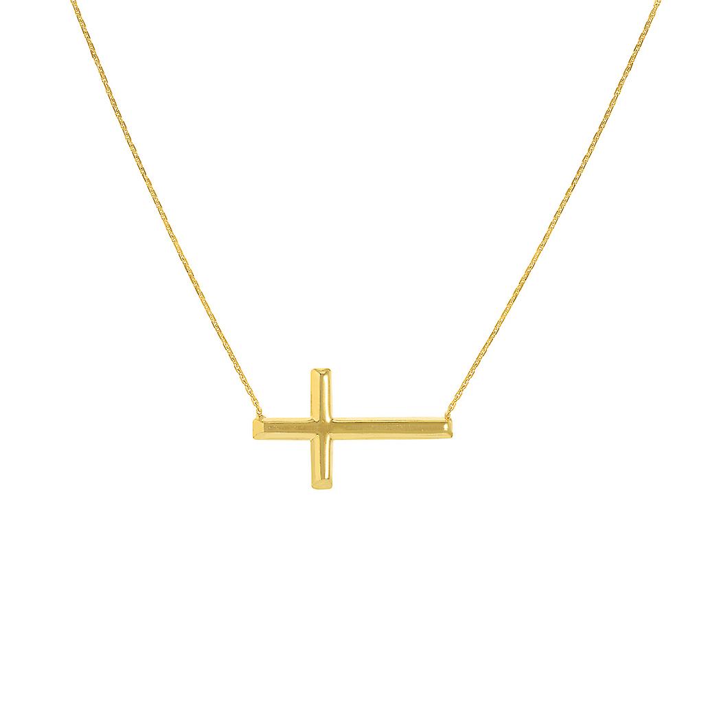 925 Sterling Silver Gold Plated Ajustável Side ways Sideways Religious Faith Cross Colar Com 2 Polegadas Ext 18 Polegadas Caneta