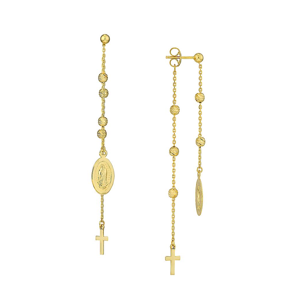 14Kイエローゴールド宗教信仰クロスと聖母マリアドロップイヤリング女性用ダングルイヤリング