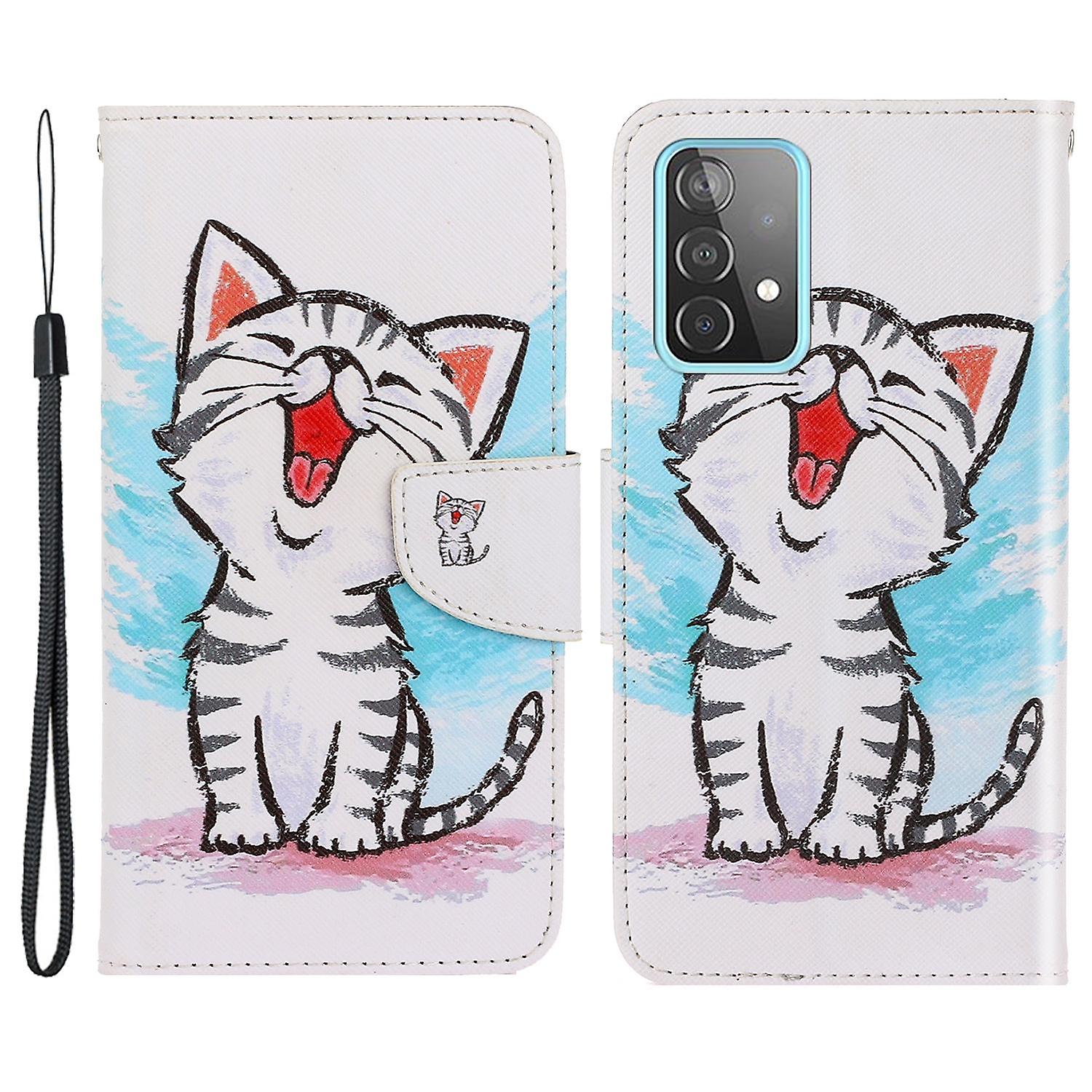 + TPU Phone Case Stand Wallet Protective Shell with Strap for Samsung Galaxy A53 5G - Happy Cat