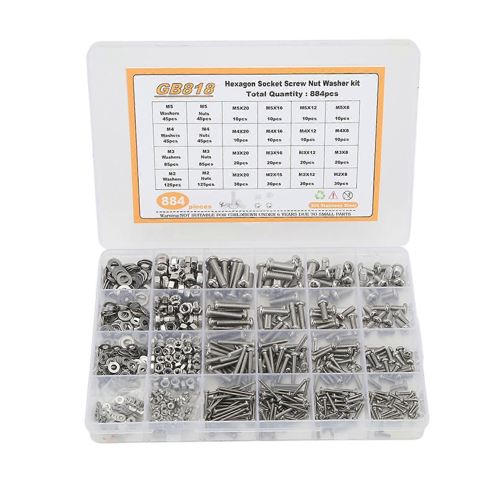 884Pcs Pan Cross Screw Nut Washer Assortment Kit with Hex Wrench M2 M3 M4 M5 304 Stainless Steel Screw Set 