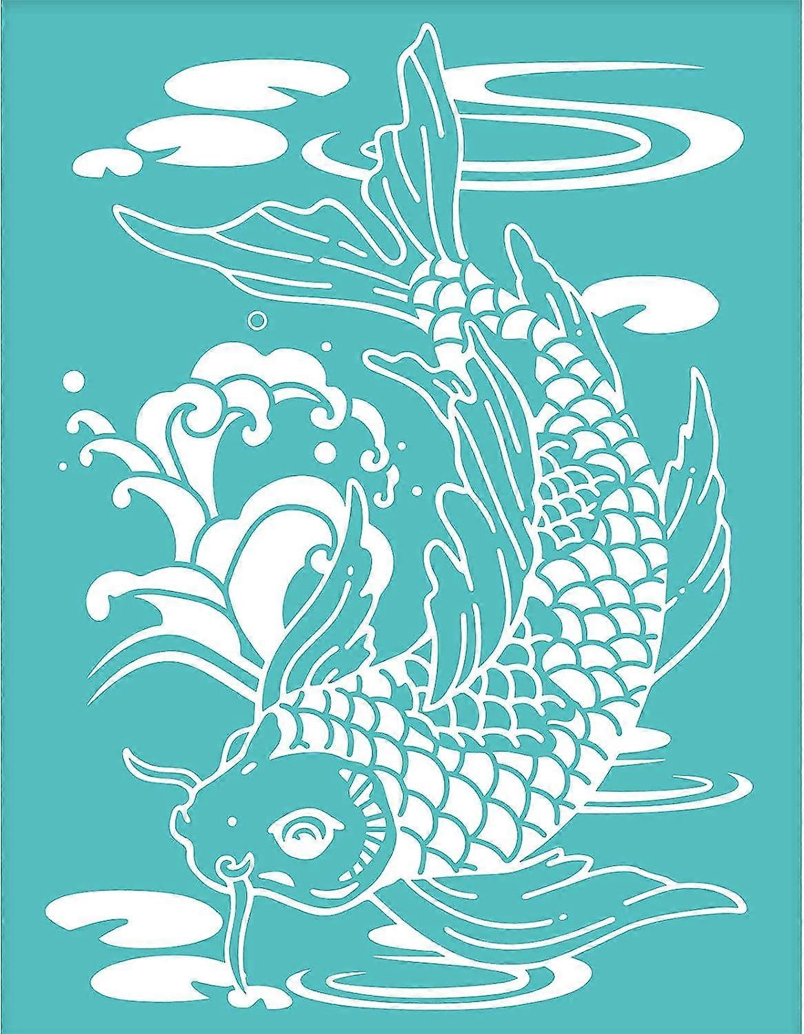 2Pcs Self-Adhesive Silk Screen Printing Stencil Reusable Mesh Transfers Stencil Koi Theme Silk Screen Stencil