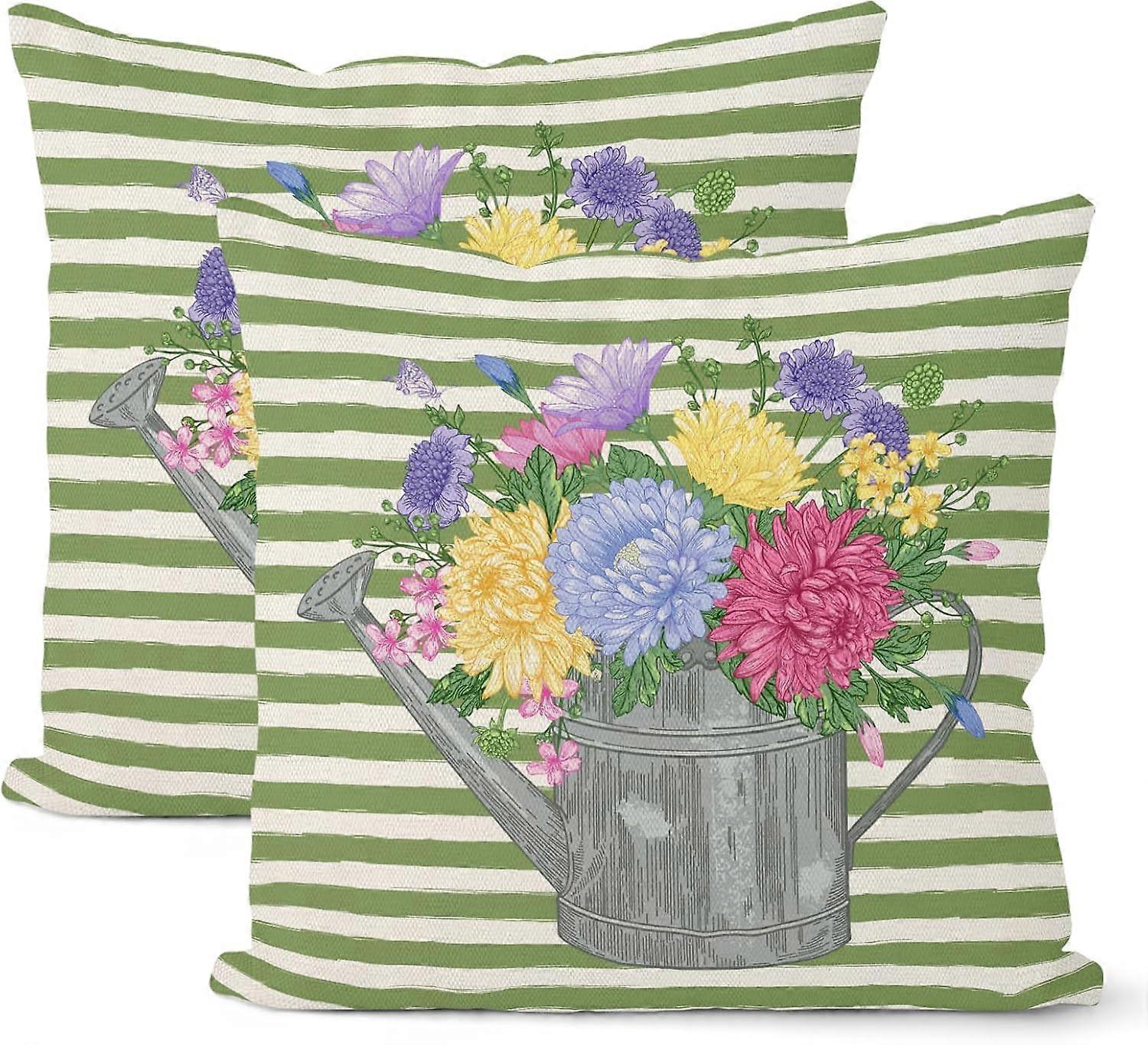 Spring Pillow Covers 18x18 Set of 2, Green Stripes Floral Farmhouse Throw Pillow Covers Colorful Flowers Decorative Spring Summer Pillowcase Decoratio