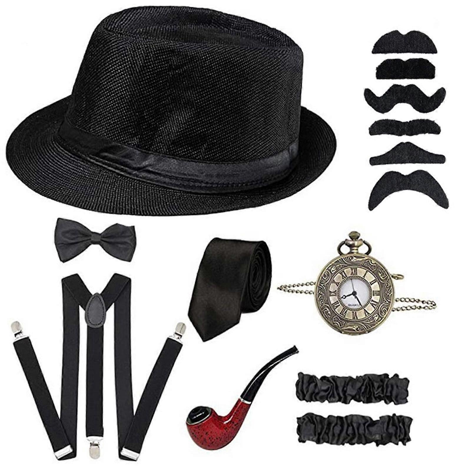 1920 Miesten Gatsby-pukutarvikesarja Cosplay, hattuparta säädettävät joustavat olkaimet kaularusetti taskukello, 100% UUSI