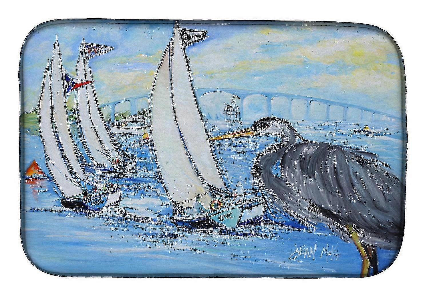 blue Heron Sailboats Dog River Bridge Dish Drying Mat
