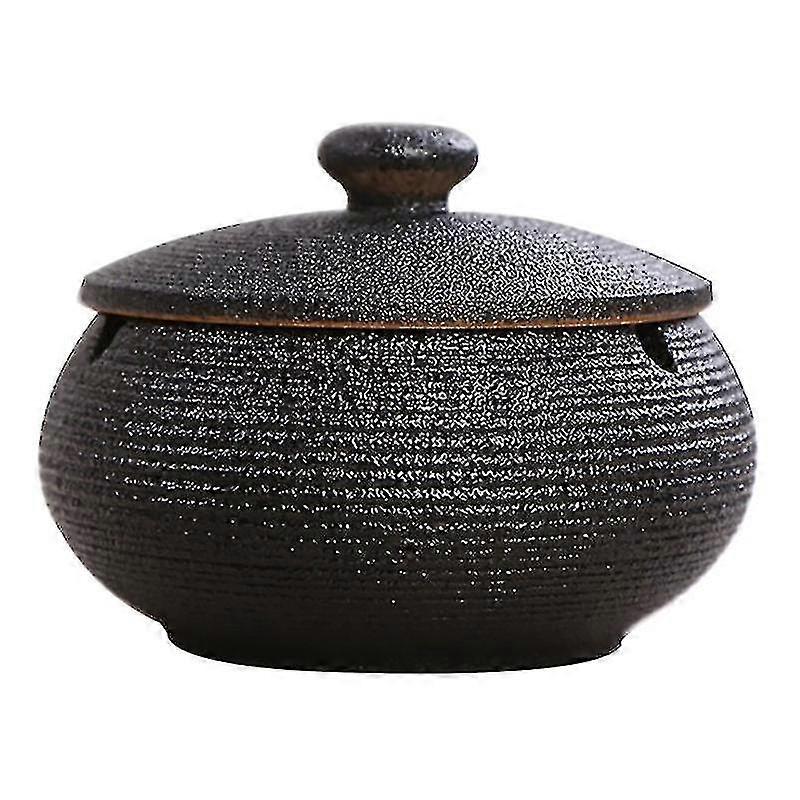 Ceramic Ashtray With Windproof Lid For Indoor Outdoor -black