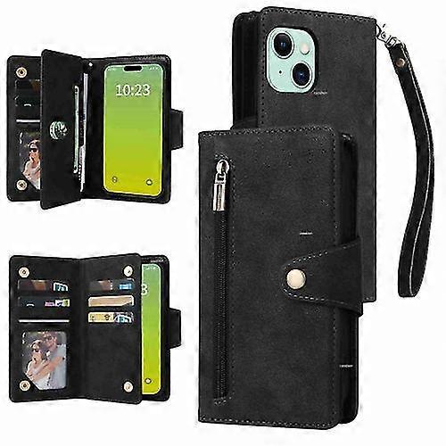 Compatible with Iphone 15 Rivet Buckle 9 Cards Three Fold Leather Mobile Phone Case