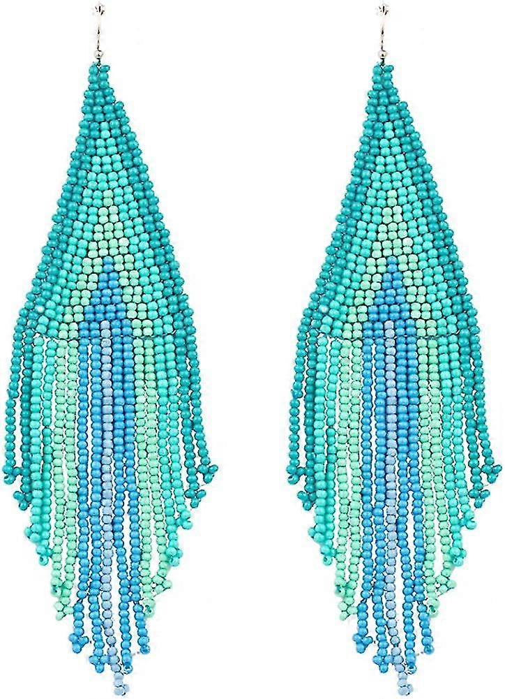 Long Beaded Dangle Earrings Boho Native Handmade Seed Bead Tassel Earrings For Women And Girls, Bohemian Large Statement Beaded Drop Fringe Ear