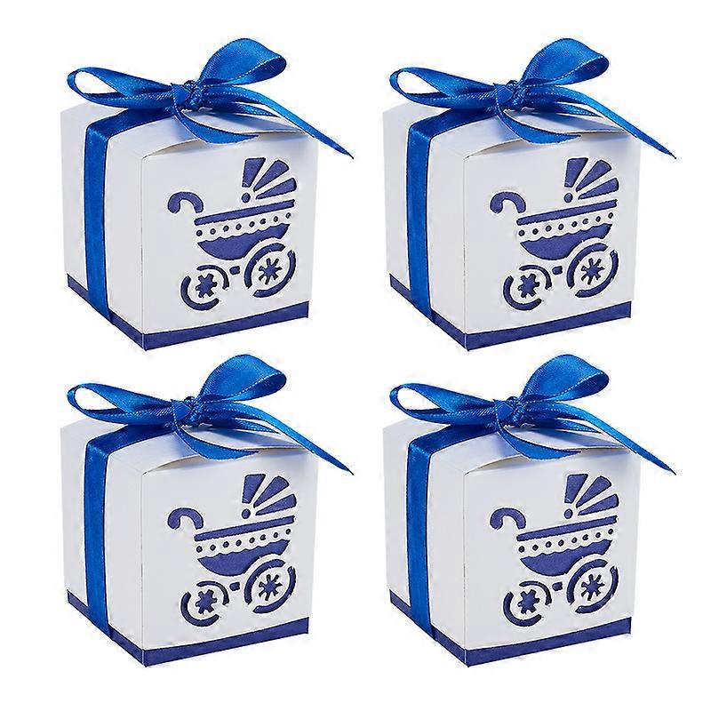 Hollow Stroller BB Car Carriage Candy Box wedding party gifts with Ribbons Blue 6x6x6cm