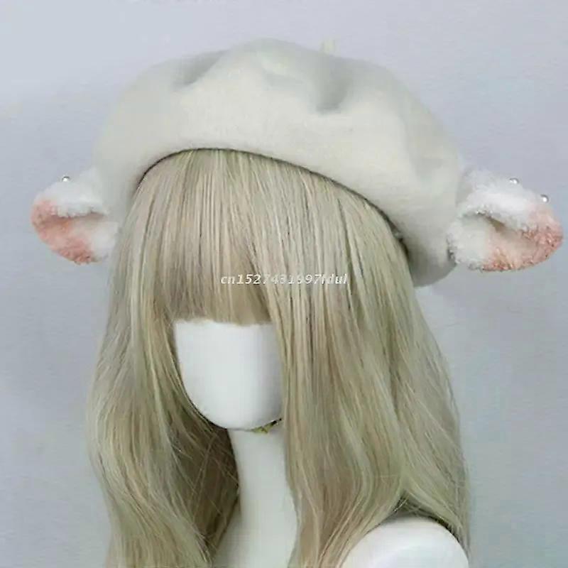 Solid Color Beret Lolita Painter Hat Beanie Lamb Ears Octagonal