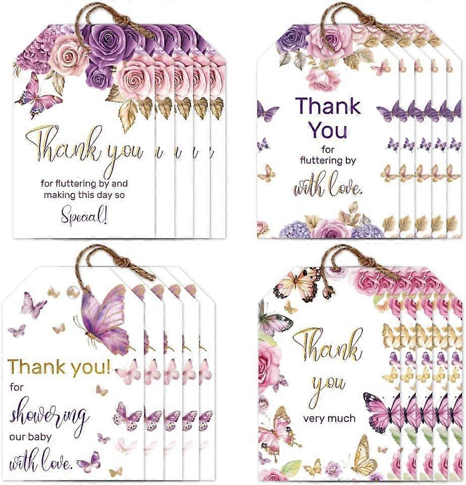 120 Pcs 4 Styles Butterfly Gift Tags Flowers Paper Gift Tags with 30M String Love Hear Present Labels for Gift Wrapping Valentine's Day Party and Cele